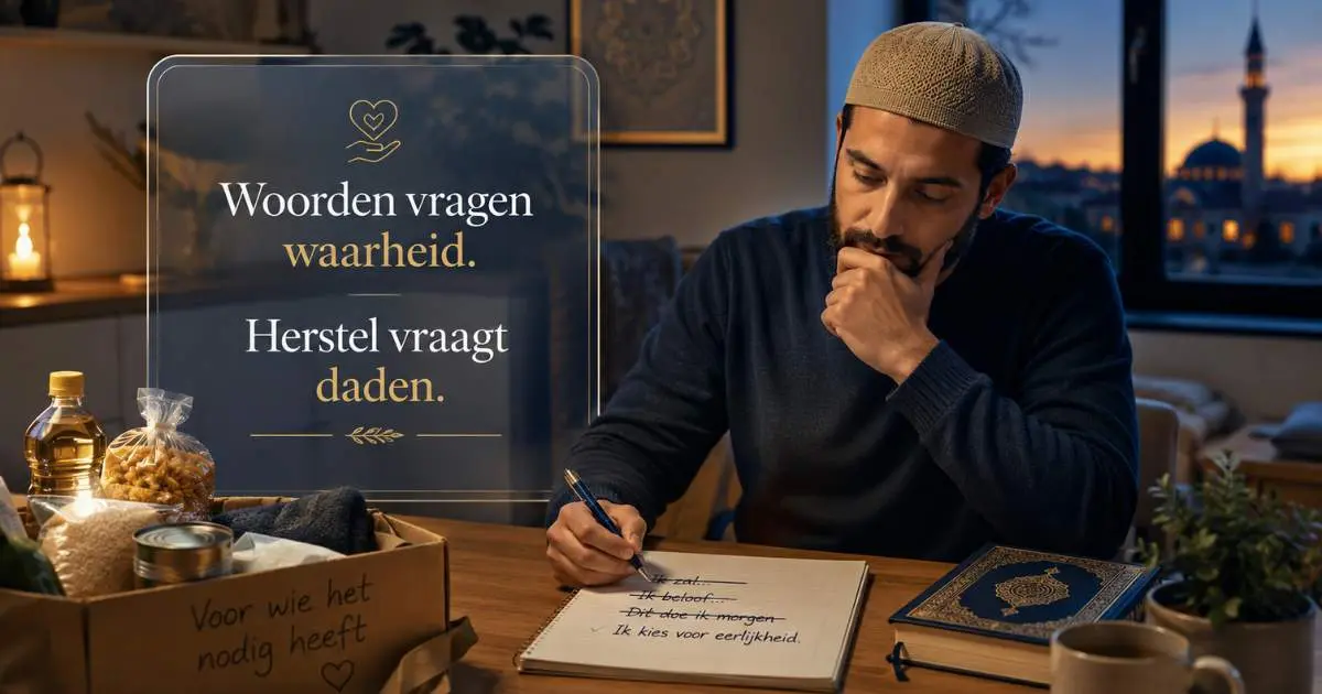 Moslim denkt na over een gebroken eed en boetedoening met voedsel voor behoeftigen en de tekst Woorden vragen waarheid Herstel vraagt daden