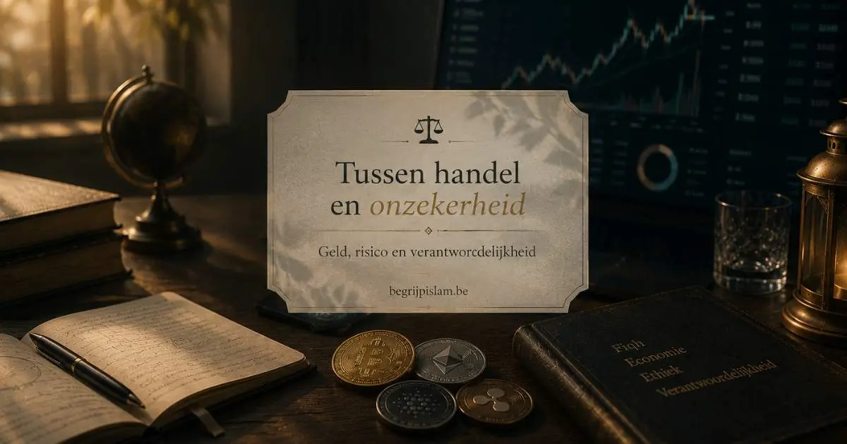 Symbolische afbeelding over cryptovaluta en islam, met digitale munten, risico, verantwoordelijkheid en financiële voorzichtigheid