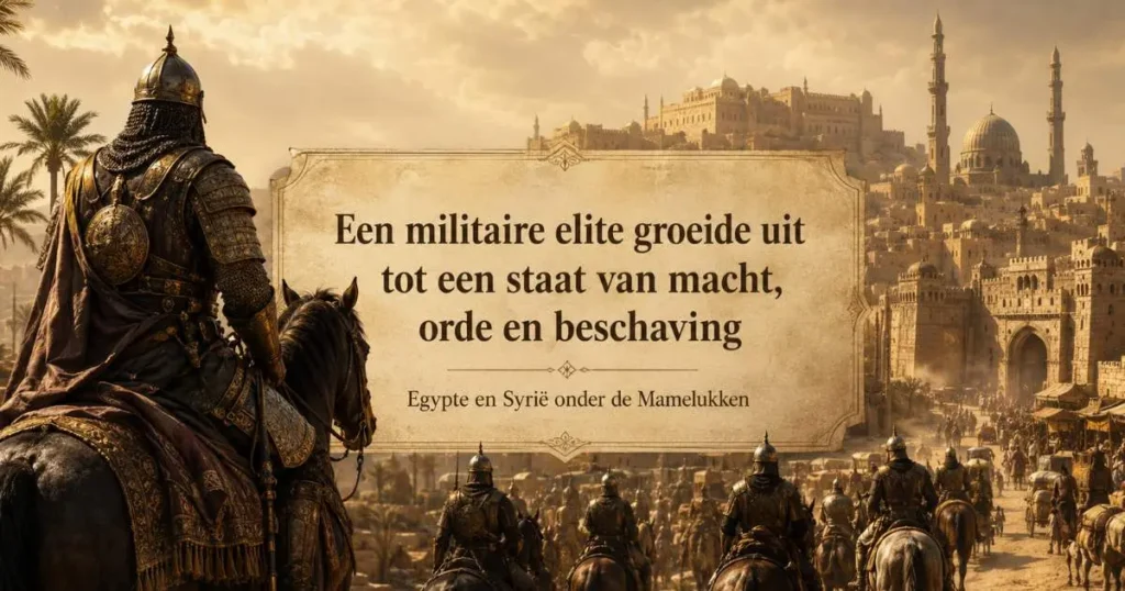 Mamelukse ruiters voor een historische stad in aardse kleuren, als beeld van de Mamelukse macht in Egypte en Syriƫ