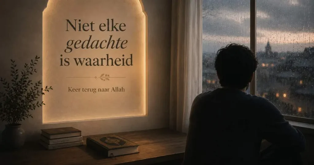 Rustige Europese kamer met regenachtig licht, een zittende persoon, een boek op tafel en een warme lamp, als beeld bij depressie, waswas en hoop in de islam.