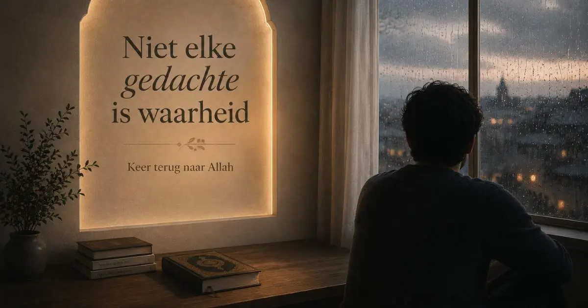Rustige Europese kamer met regenachtig licht, een zittende persoon, een boek op tafel en een warme lamp, als beeld bij depressie, waswas en hoop in de islam.
