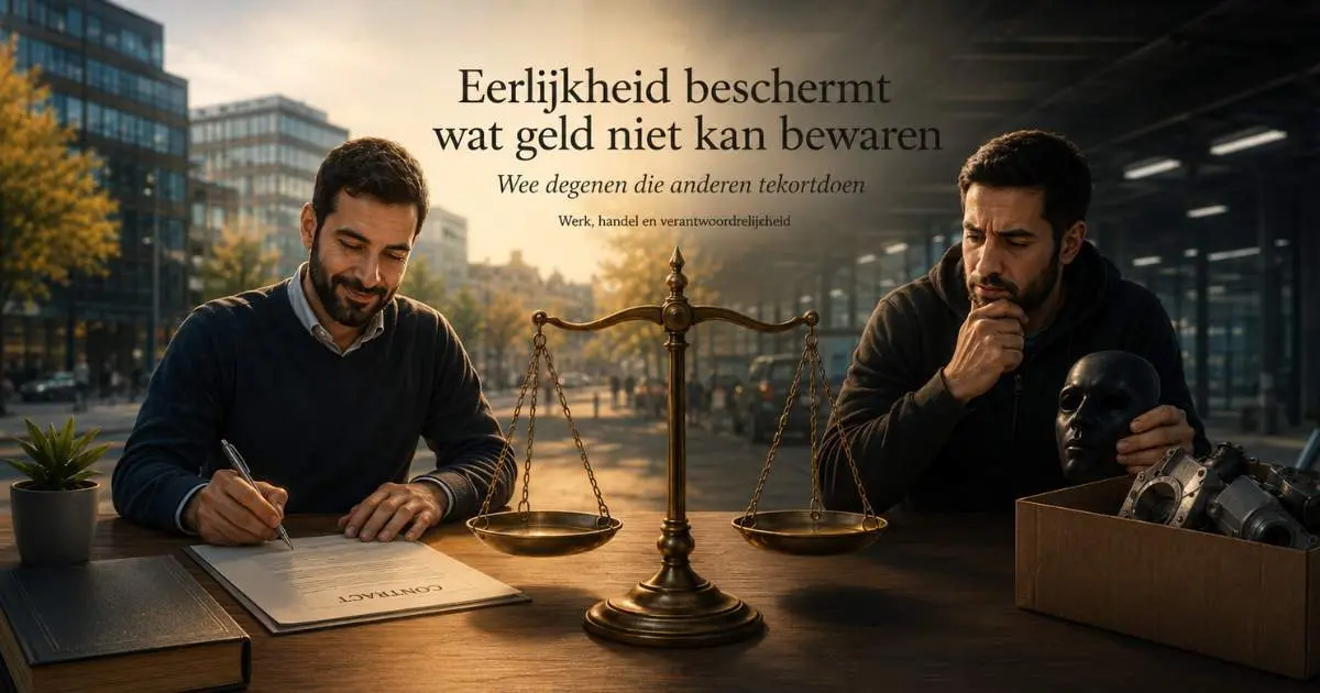 Symbolische afbeelding over eerlijkheid in de islam, bedrog op het werk, handel, verborgen gebreken, verantwoordelijkheid en vertrouwen tussen mensen