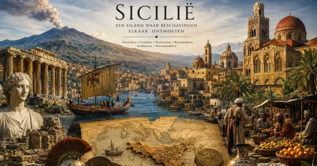 Historische illustratie van Sicilië met Griekse, Romeinse, islamitische en Normandische invloeden