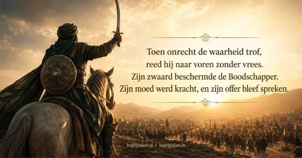 Historische scène over Hamza ibn Abd al Muttalib, met een krachtig woestijnlandschap, zwaard, schild en een sfeer van moed en martelaarschap