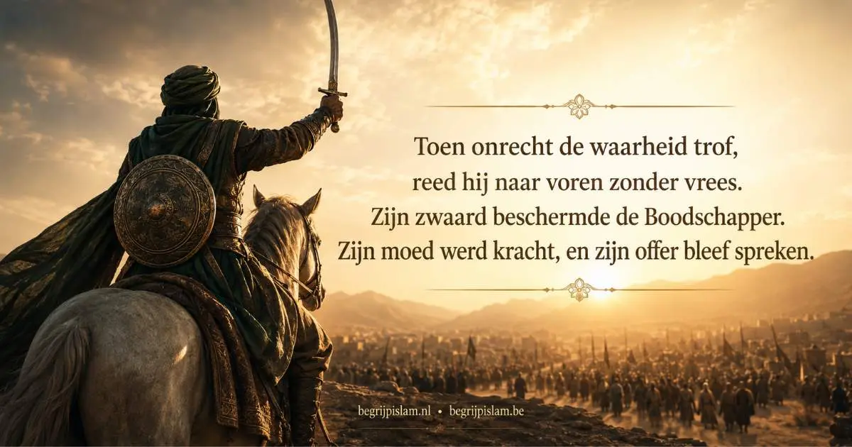 Historische scène over Hamza ibn Abd al Muttalib, met een krachtig woestijnlandschap, zwaard, schild en een sfeer van moed en martelaarschap