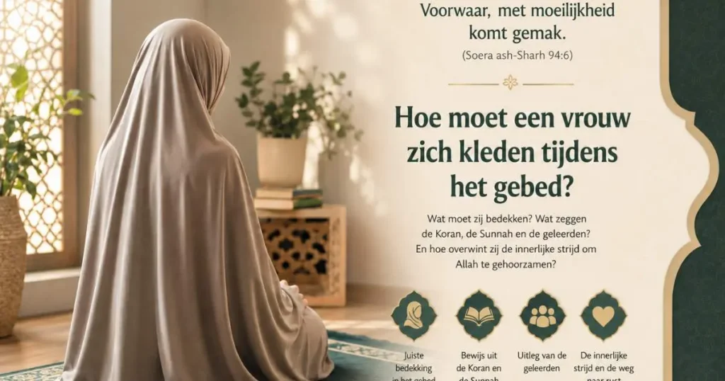 Rustige redactionele afbeelding over vrouwelijke gebedskleding in de islam, met aandacht voor bedekking, hoofdbedekking, eerbied en het gebed