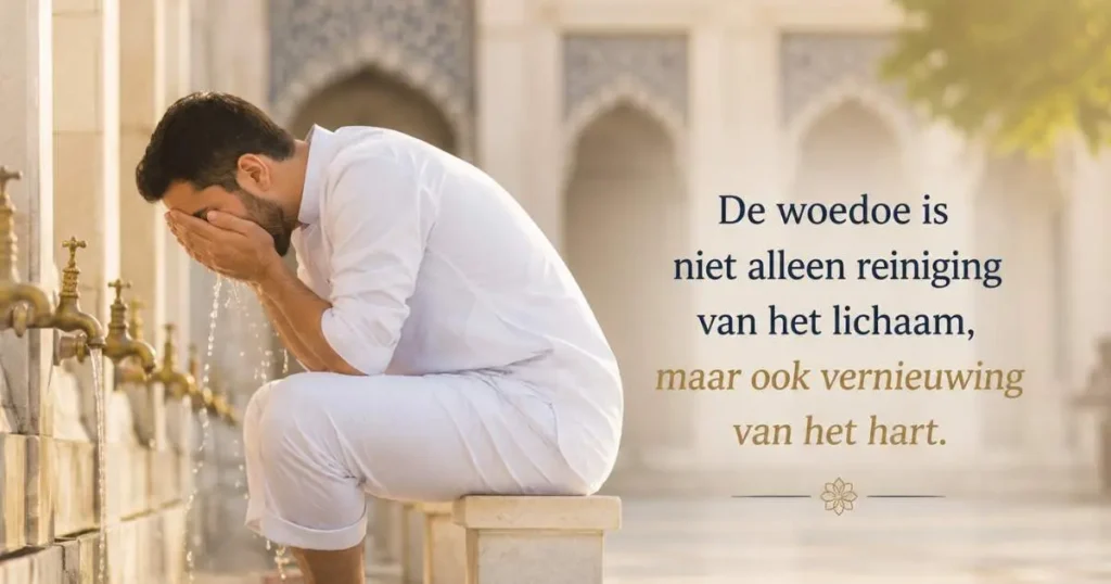 Moslim verricht woedoe als voorbereiding op het gebed volgens de islamitische traditie