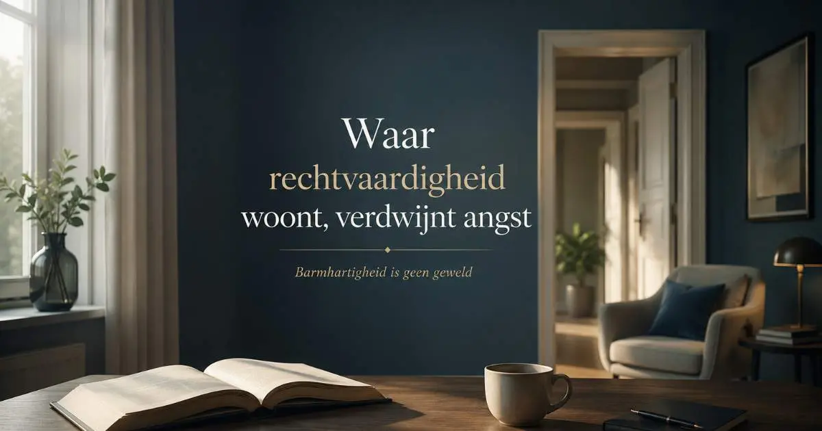 Rustige woonkamer met open boek en de tekst Waar rechtvaardigheid woont verdwijnt angst