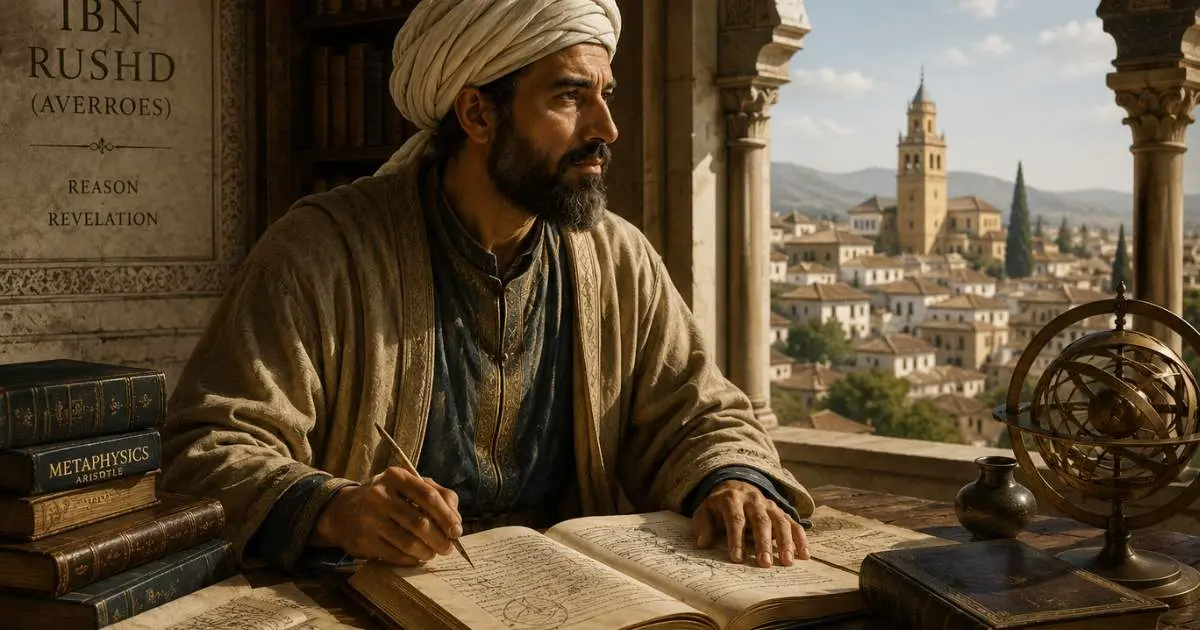 Artistieke voorstelling van Ibn Rushd in zijn studeerkamer in het islamitische Andalusië.