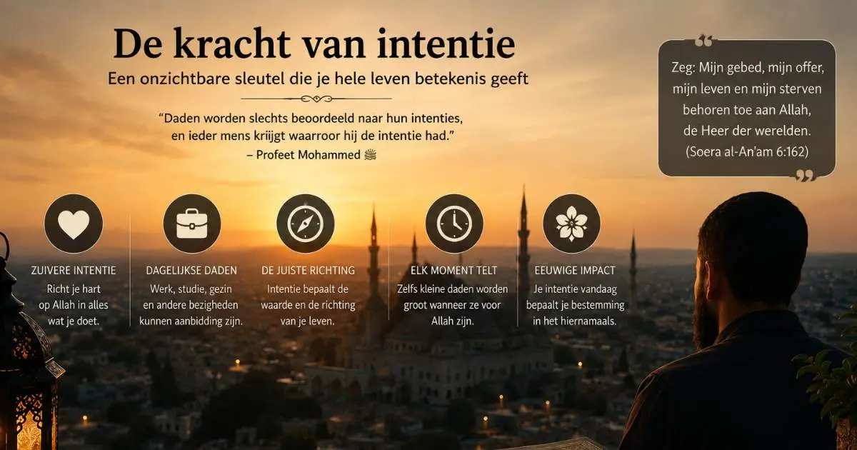 Moslim die nadenkt over intentie en levensdoel bij zonsondergang