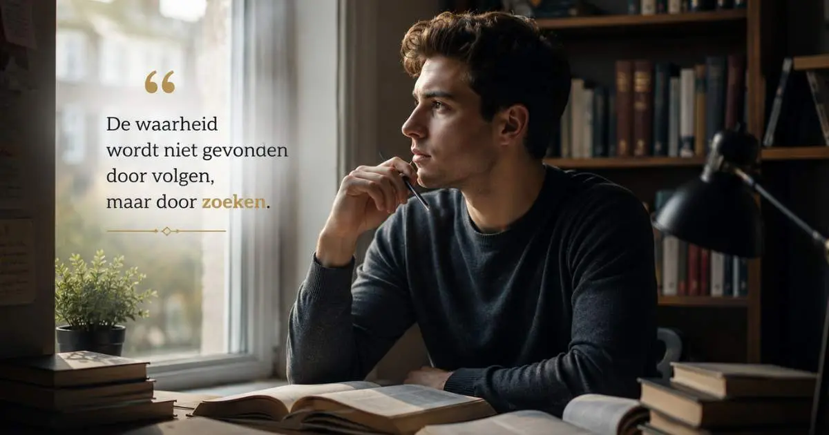Jonge man denkt na tussen boeken over waarheid, kennis en kritisch denken in de islam