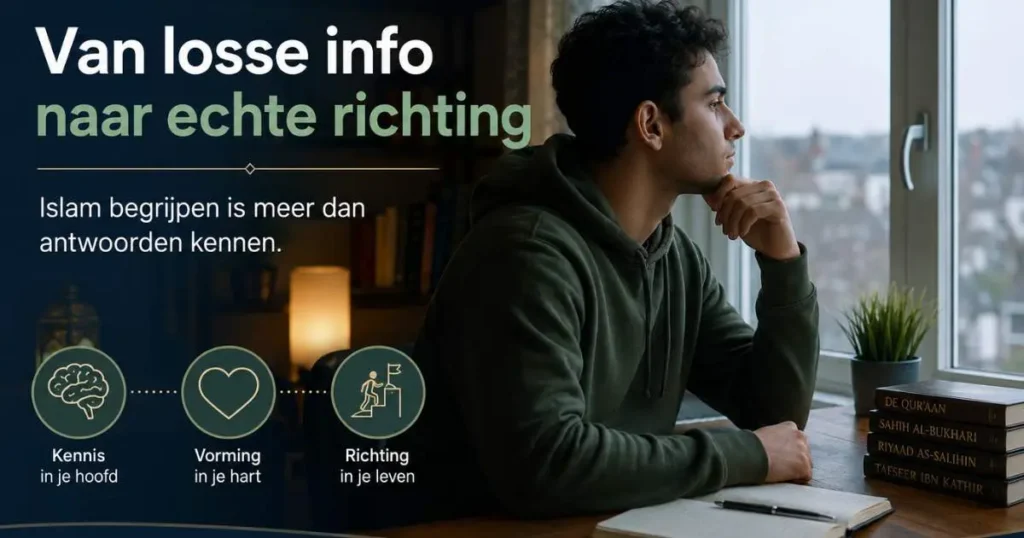 Jonge moslim die nadenkt bij een raam met boeken en notities, als beeld bij een artikel over islam begrijpen, innerlijke vorming en richting