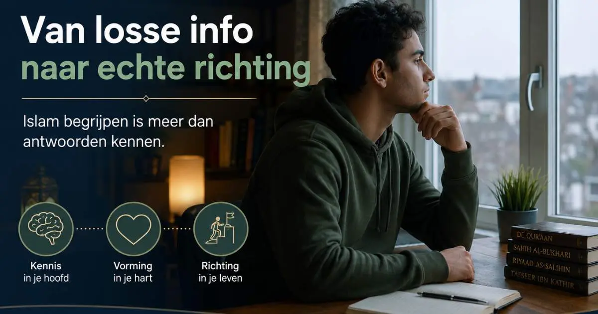 Jonge moslim die nadenkt bij een raam met boeken en notities, als beeld bij een artikel over islam begrijpen, innerlijke vorming en richting