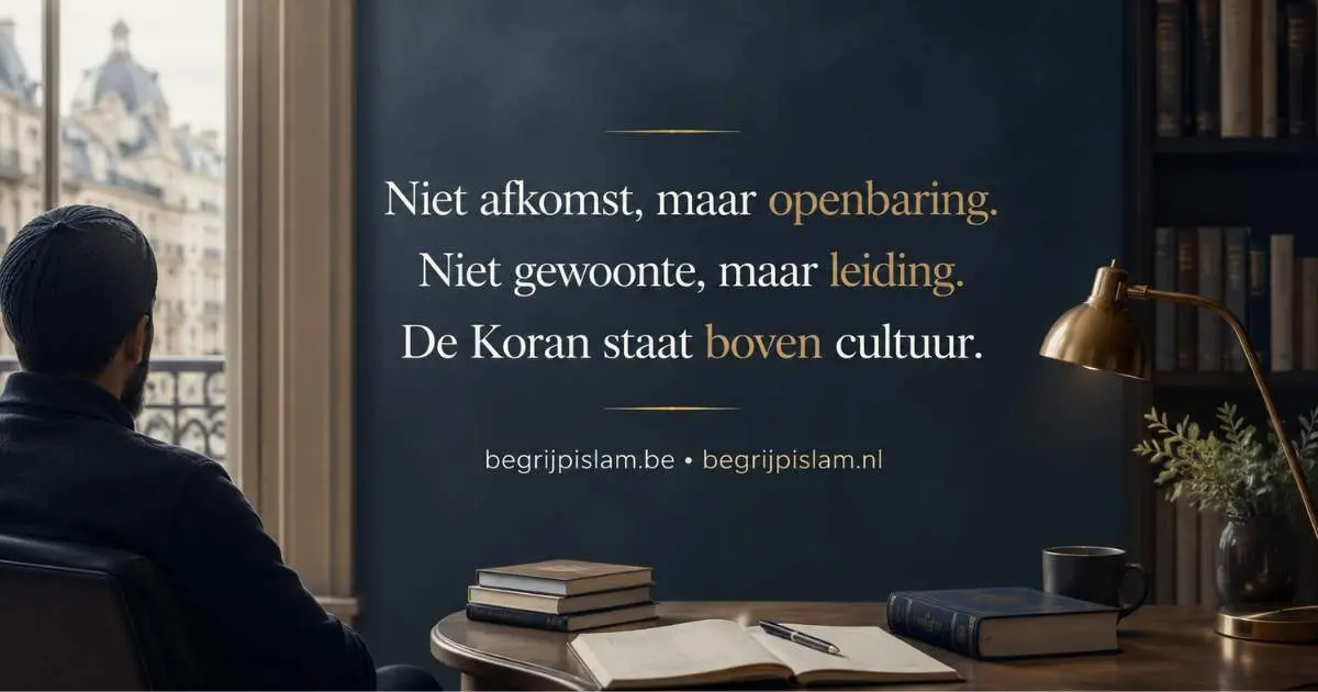 Europese studeerkamer met Koran en tekst over islam als openbaring boven cultuur, passend bij een artikel over waarom islam geen cultuur is.