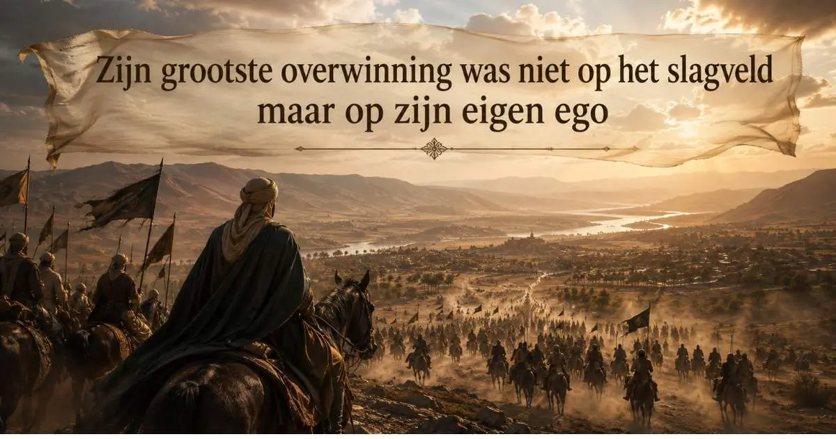 Symbolische afbeelding van Khalid ibn al Walid van achteren als ruiter bij een legerlandschap met de tekst Zijn grootste overwinning was niet op het slagveld maar op zijn eigen ego