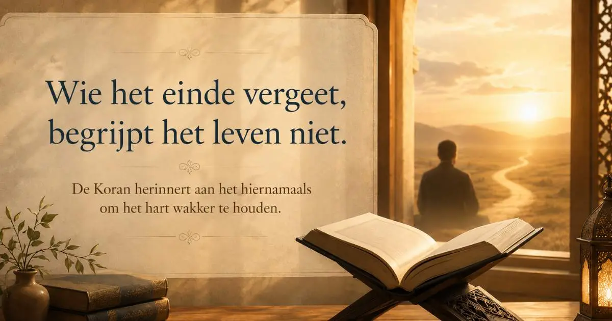 Open Koran in warm licht bij een raam, met een persoon die uitkijkt naar de horizon als beeld van nadenken over het hiernamaals