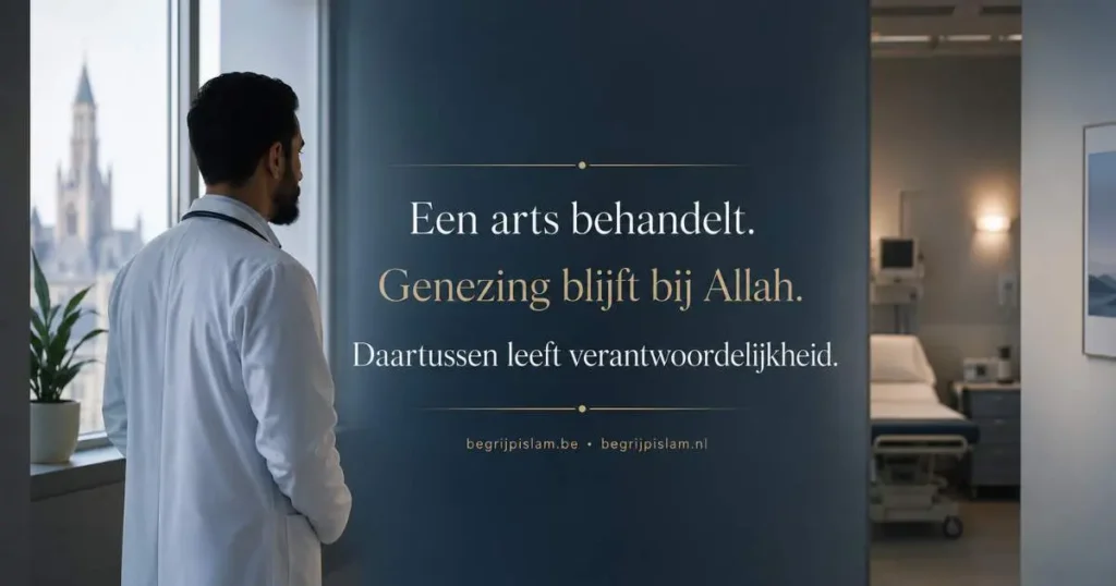 Moslim arts in een ziekenhuis met tekst over geneeskunde, verantwoordelijkheid en genezing die bij Allah blijft.