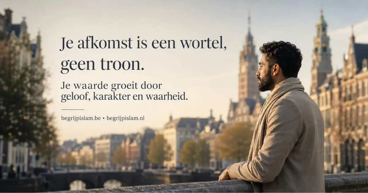 Moslim kijkt uit over een Europese stad met tekst over afkomst als wortel en niet als troon, passend bij de vraag of een moslim trots mag zijn op zijn afkomst.