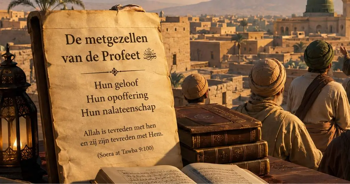 Symbolische historische scène van de metgezellen van de Profeet ﷺ van achteren gezien, met tekst over hun geloof, opoffering en nalatenschap