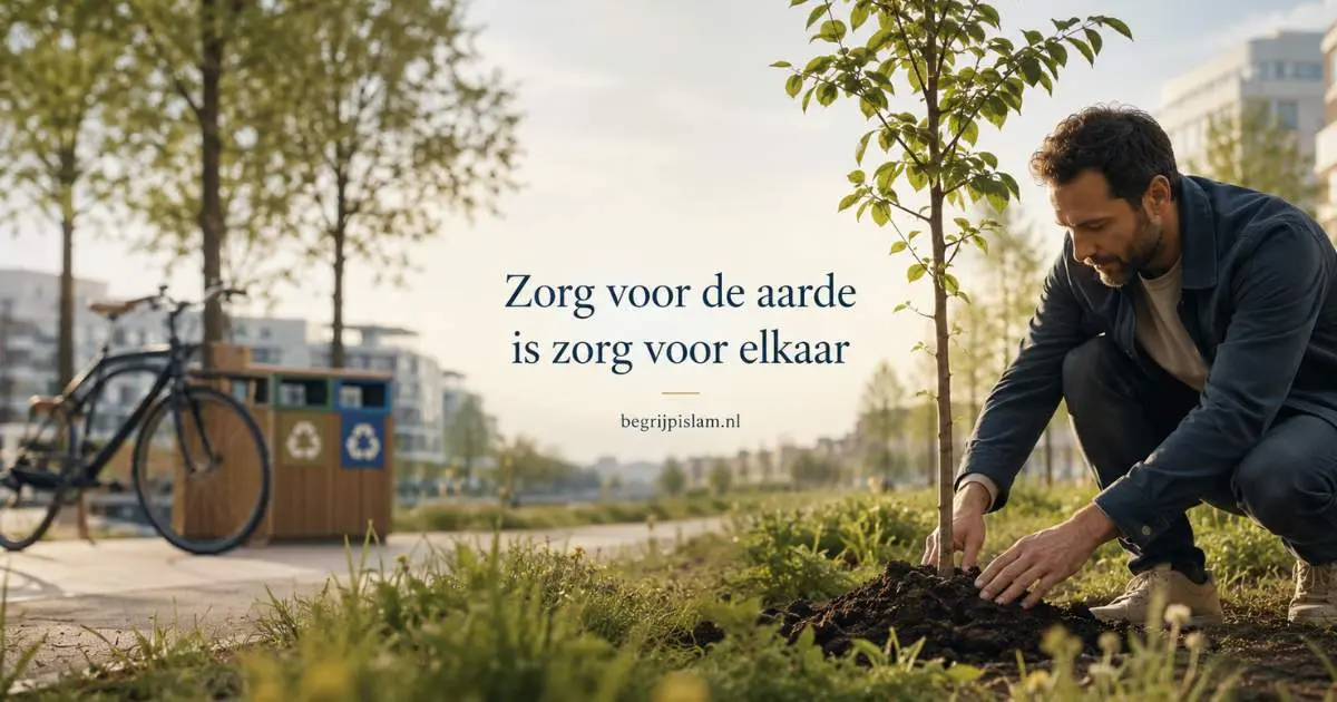 Een man plant een jonge boom in een Europese groene stadsomgeving met de tekst Zorg voor de aarde is zorg voor elkaar