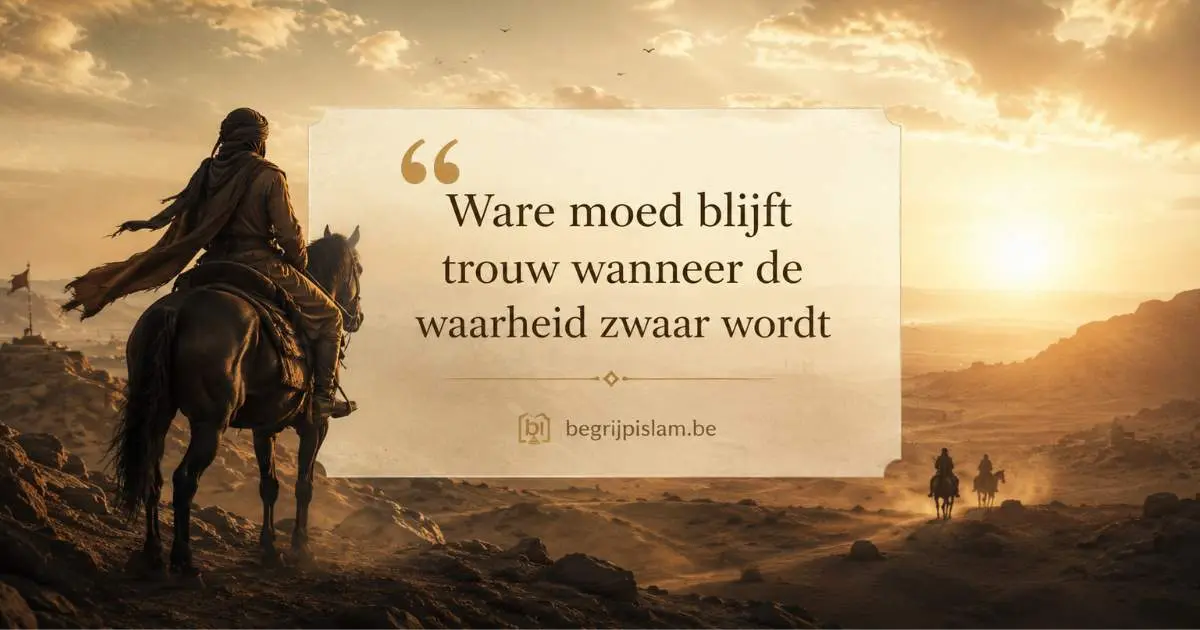 Symbolische afbeelding over Miqdad ibn Amr, de eerste ruiter van de islam, met moed, trouw aan de Profeet Mohammed en een eerlijk hart