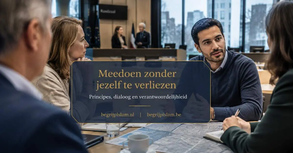 Moslim in een politieke vergadering in Nederland of België als symbool van identiteit, dialoog, principes en maatschappelijke verantwoordelijkheid
