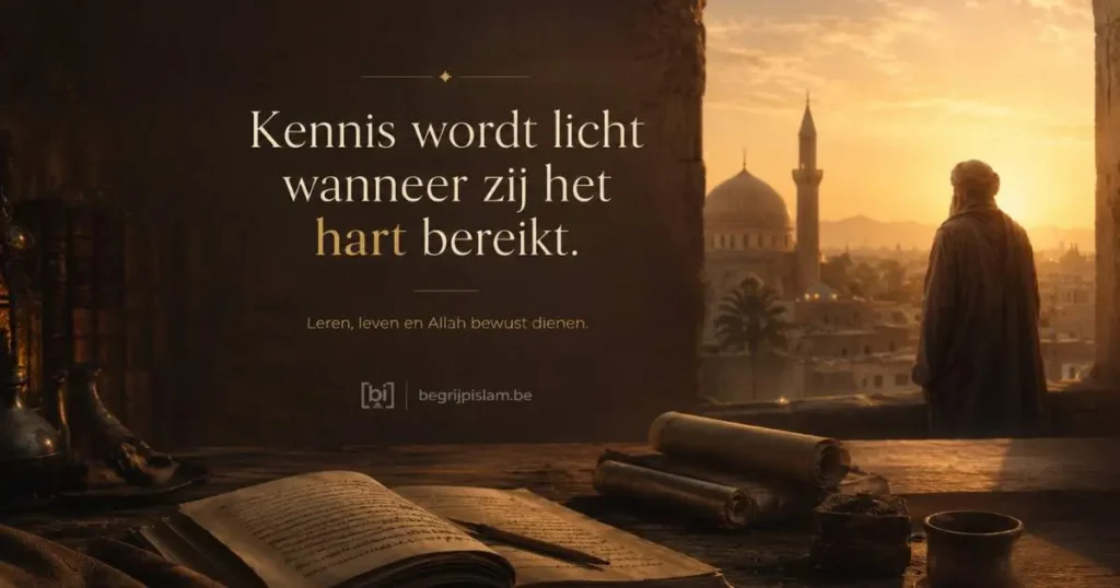 Symbolische afbeelding over Muadh ibn Jabal met manuscripten, kennis, oprechtheid en een jonge metgezel zonder duidelijke gezichtskenmerken
