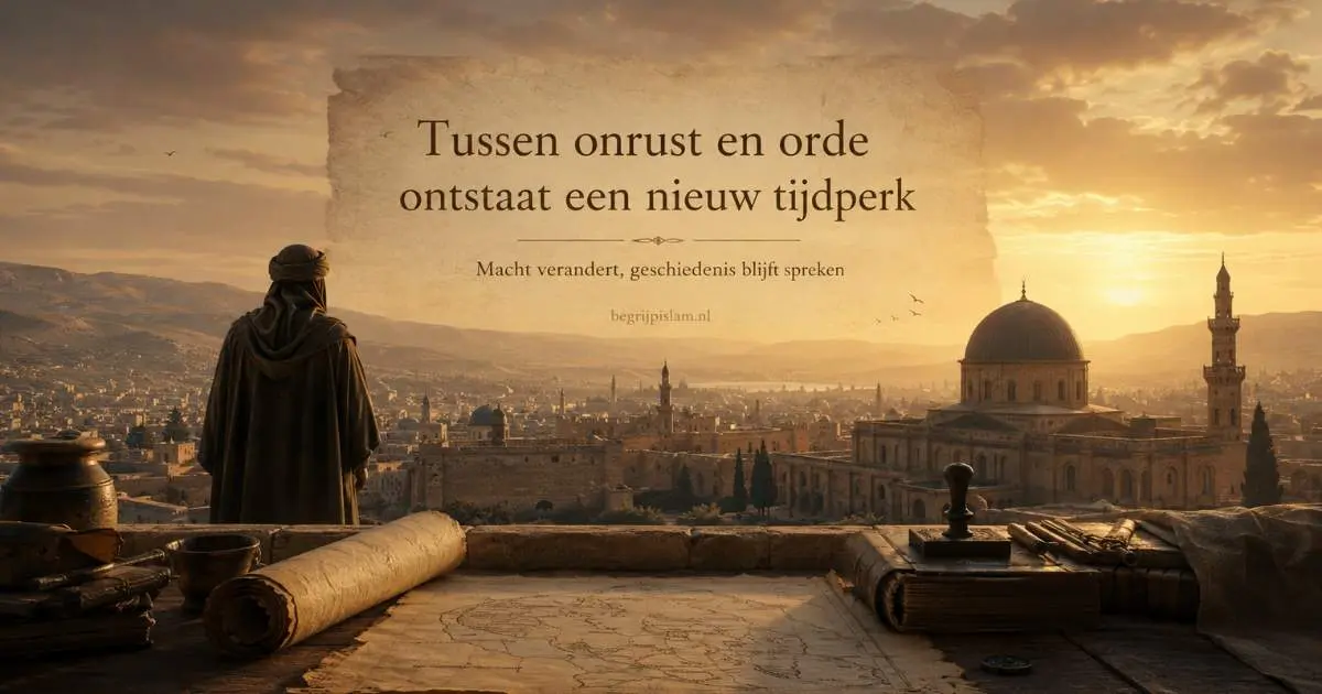 Symbolische afbeelding over Muawiyah ibn Abi Sufyan, Damascus, de fitnah en het ontstaan van de Omajjadische staat