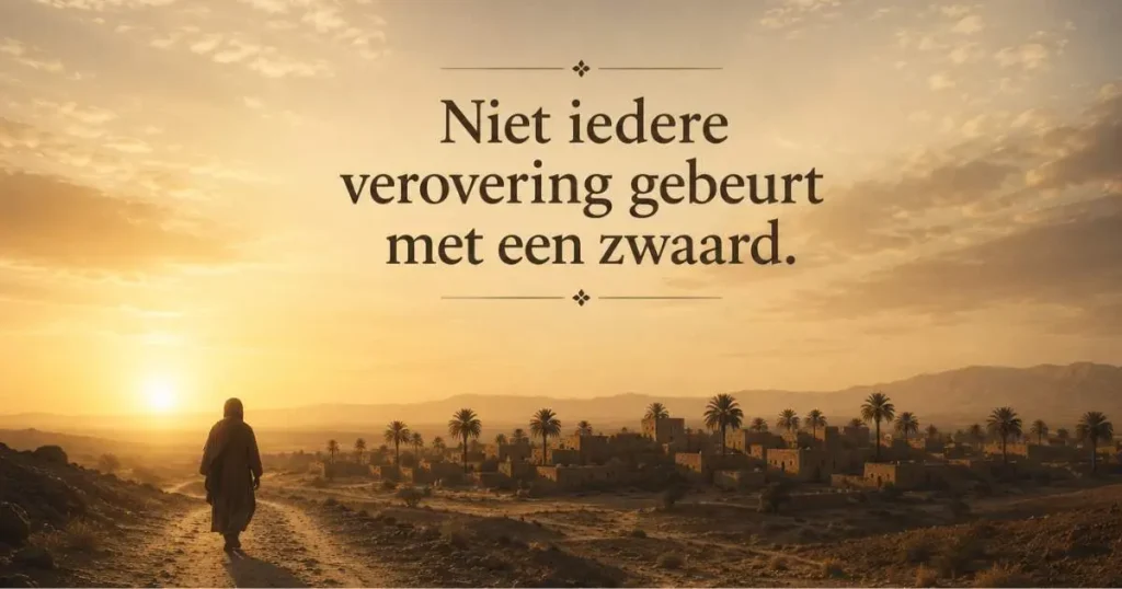 Historische illustratie van Mus'ab ibn Umayr op weg naar Yathrib voordat Medina het centrum van de islam werd.