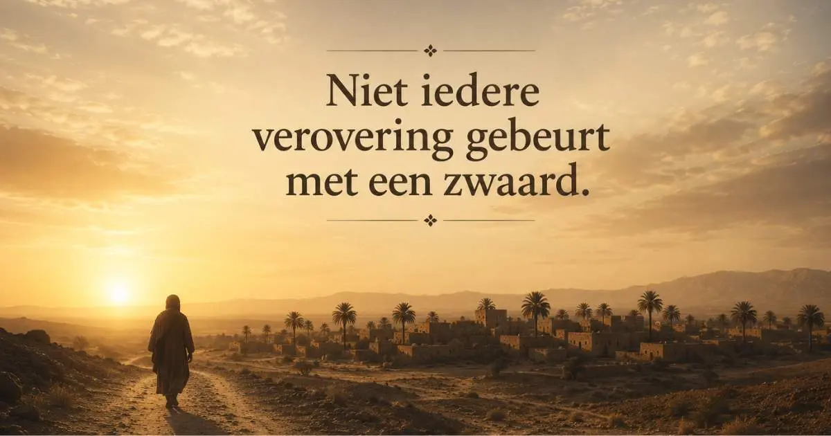 Historische illustratie van Mus'ab ibn Umayr op weg naar Yathrib voordat Medina het centrum van de islam werd.