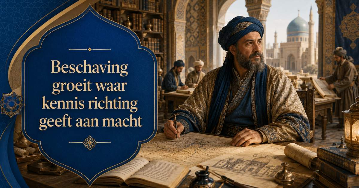 Nizam al Mulk in een historische bibliotheek met kaarten en boeken, met de tekst Beschaving groeit waar kennis richting geeft aan macht