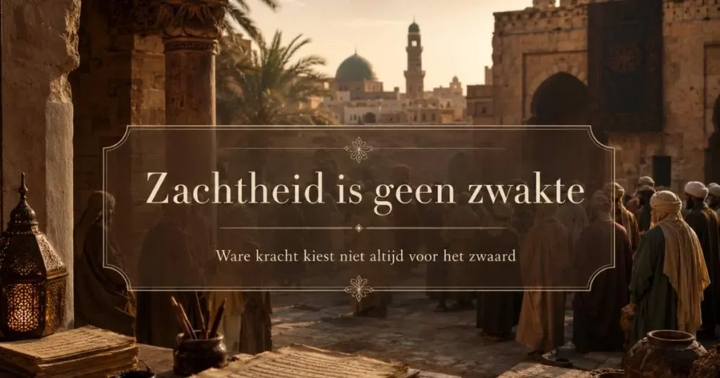 Symbolische historische scène over Oethman ibn Affan met een groep mensen, een Koranblad en de tekst Zachtheid is geen zwakte