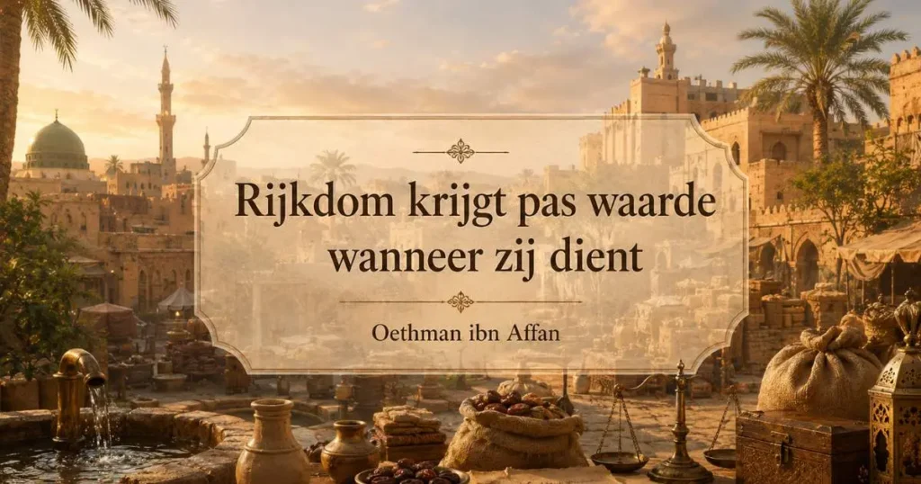 Symbolische historische afbeelding van Oethman ibn Affan als stille kracht die zijn rijkdom en vertrouwen inzet voor de islamitische gemeenschap