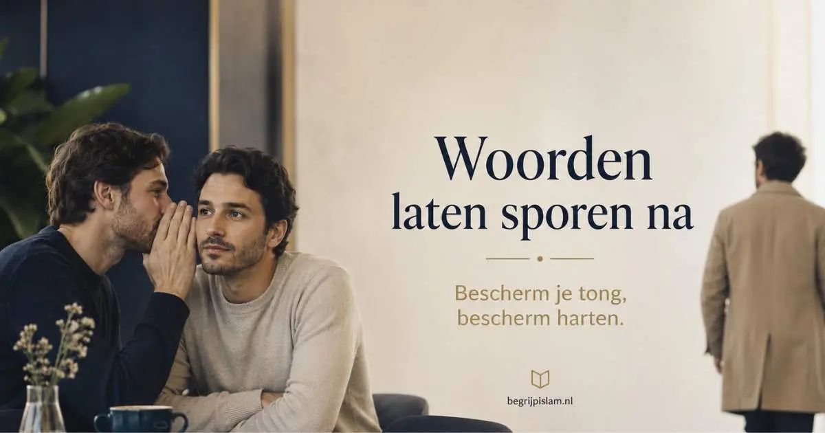 Twee mannen fluisteren in een Europese cafésfeer met de tekst Woorden laten sporen na, passend bij een artikel over roddelen en ghibah in de islam