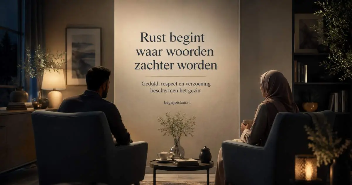Moslim echtpaar in een rustige woonkamer met de tekst Rust begint waar woorden zachter worden