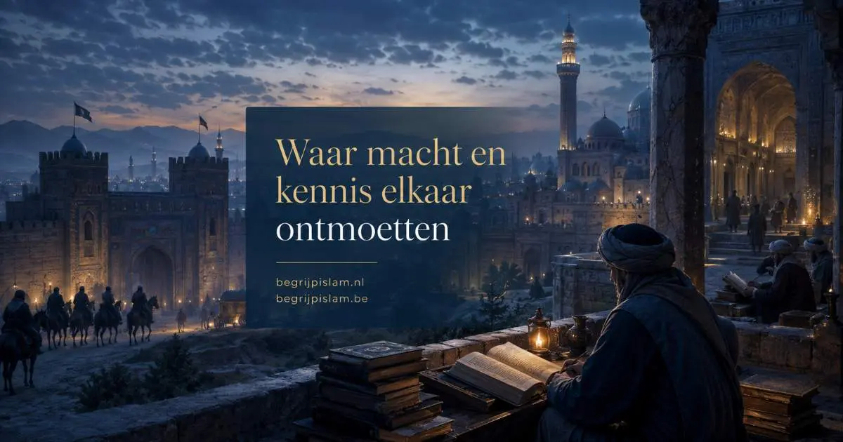 Historische stad uit de tijd van de Seltsjoeken met geleerden, ruiters en de tekst Waar macht en kennis elkaar ontmoeten