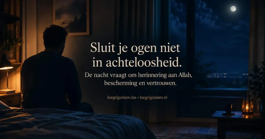 Nachtelijke islamitische sfeer met Koran, rust en bescherming als beeld bij smeekbeden en afdhkar voor het slapen.
