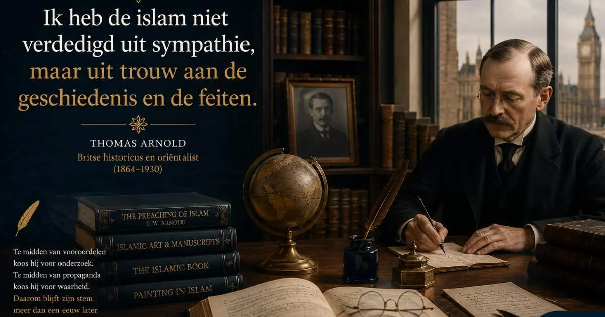 Portret van Thomas Arnold in een studeerkamer omringd door boeken en historische documenten over de islamitische geschiedenis