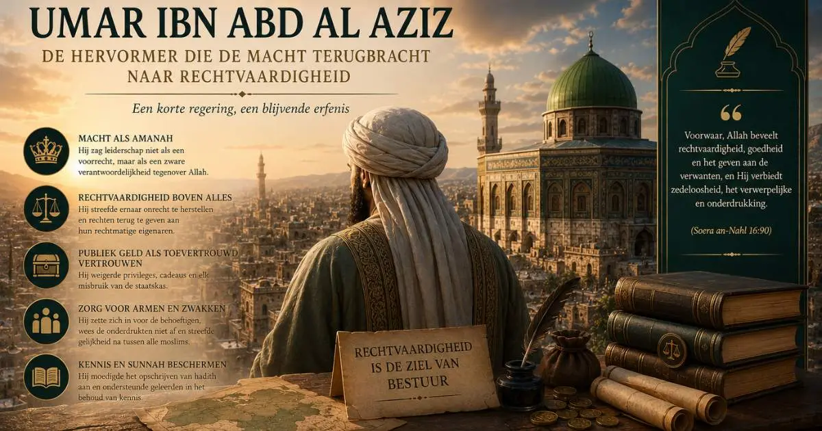 Symbolische afbeelding over Umar ibn Abd al Aziz, rechtvaardigheid, hervorming, amanah en goed bestuur binnen de Omajjadische dynastie