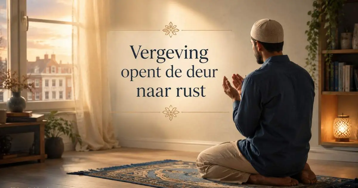 Moslim vraagt Allah om vergeving in een rustige kamer met warm ochtendlicht en de tekst Vergeving opent de deur naar rust