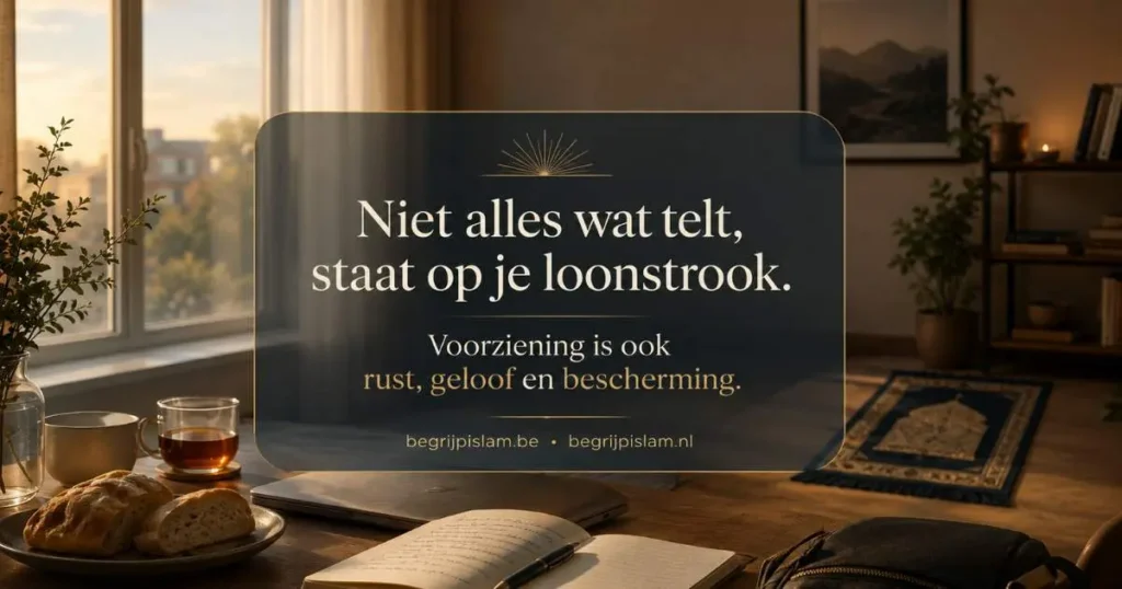 Rustige kamer met brood, thee, notitieboek en gebedskleed bij een artikel over voorziening van Allah rizq in de islam