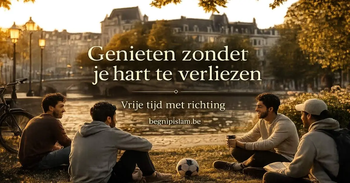 Redactionele Europese afbeelding over vrije tijd in de islam, met jongeren, rust, halal ontspanning en bewust genieten zonder het geloof te verliezen.