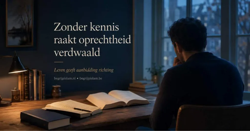Man aan een bureau met boeken in een rustige avondlijke studieruimte en de tekst Zonder kennis raakt oprechtheid verdwaald