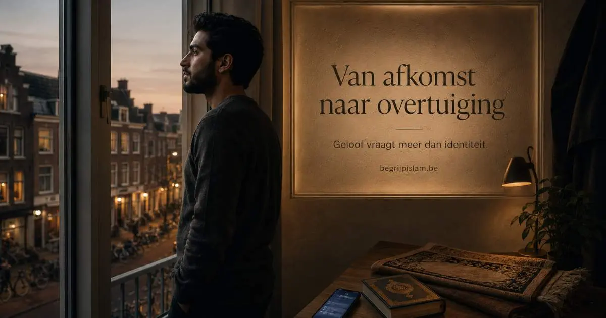 Een jonge moslim kijkt nadenkend uit over een Europese stad, met verwijzingen naar afkomst, overtuiging en bewust geloof.