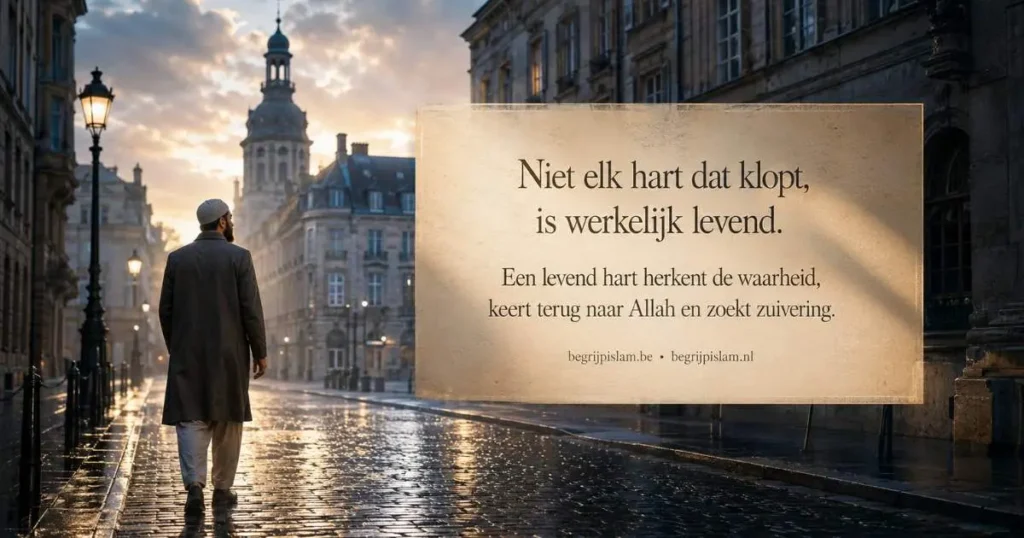 Moslim loopt door een Europese straat bij zonsopkomst met tekst over het levende hart in de islam