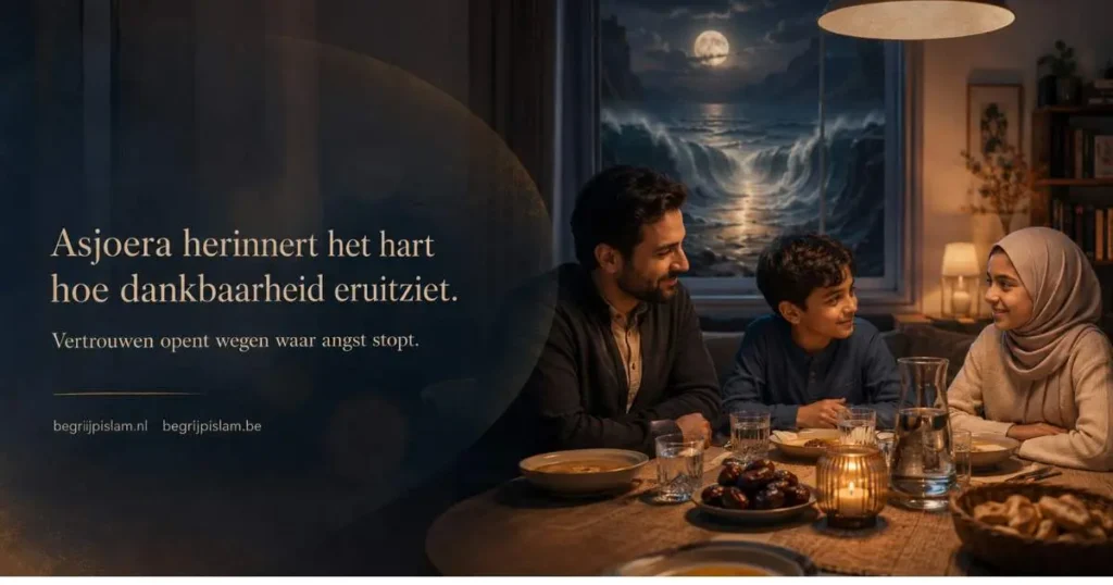 Asjoera in de islam met een warme gezinssfeer rond iftar in Muharram en een bezinnende islamitische sfeer