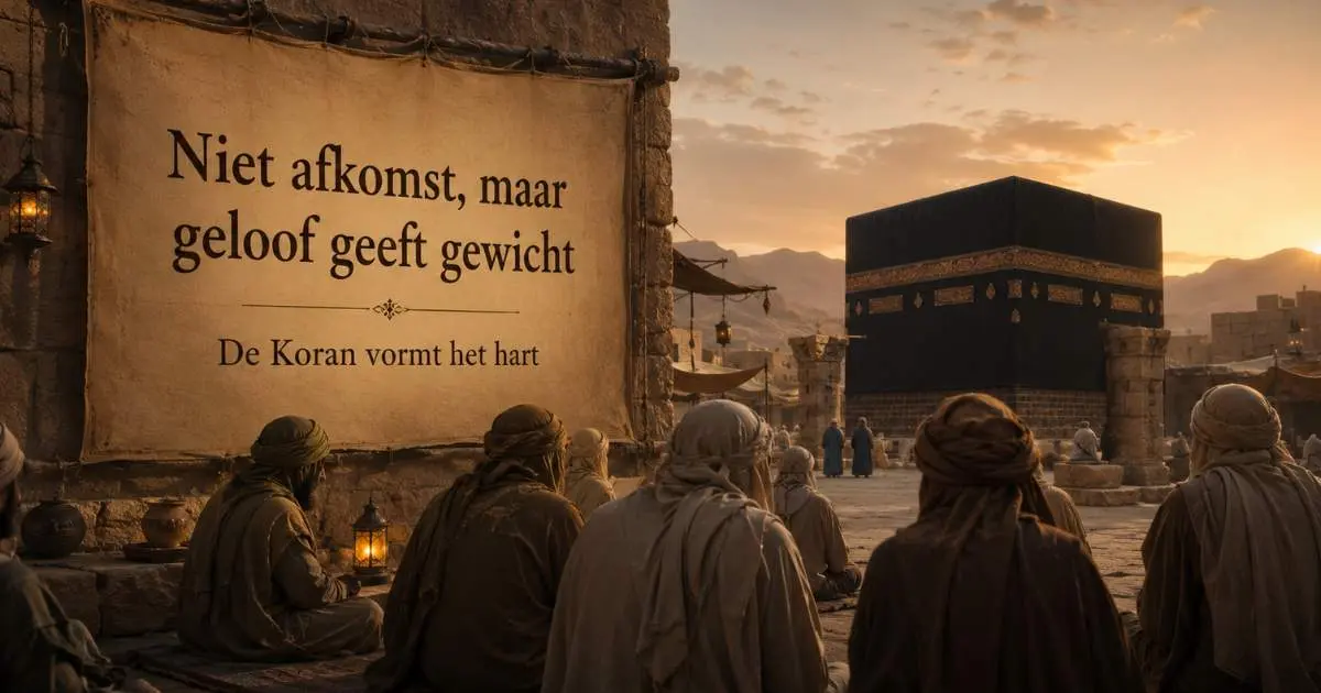 Groep vroege moslims bij de Kaaba met de boodschap dat geloof en de Koran de werkelijke waarde van een mens bepalen