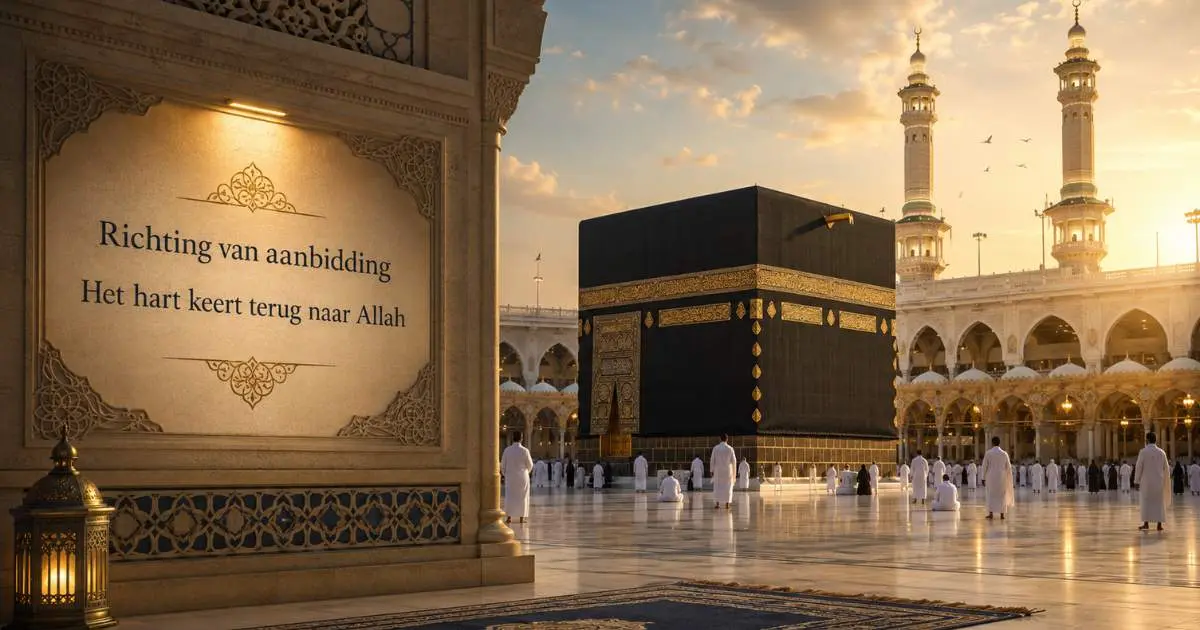 De Kaaba in Mekka bij warm avondlicht met de tekst Richting van aanbidding, het hart keert terug naar Allah