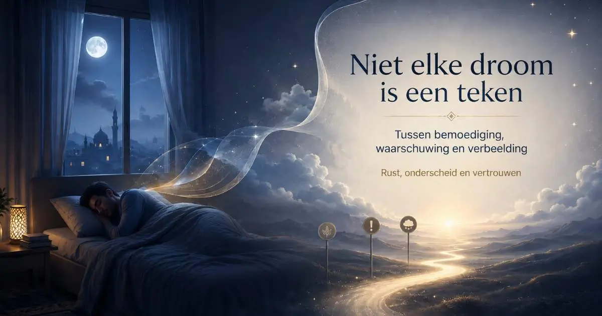Rustige nachtelijke scène over dromen in de islam met de tekst Niet elke droom is een teken