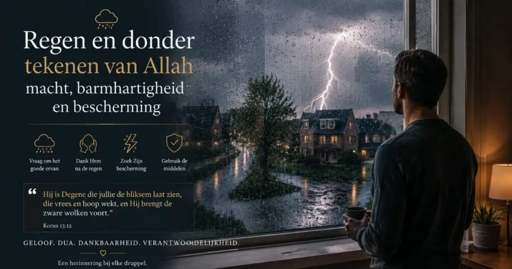 Moslim verricht een dua bij regen en donder terwijl bliksem boven een regenachtig landschap verschijnt